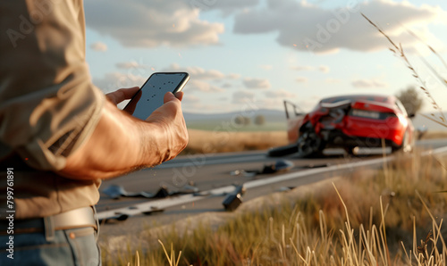 driver of a crashed car call for help with his mobile phone © Jenny Sturm
