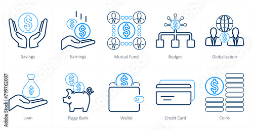 A set of 10 finance icons as savings, earnings, mutual funds