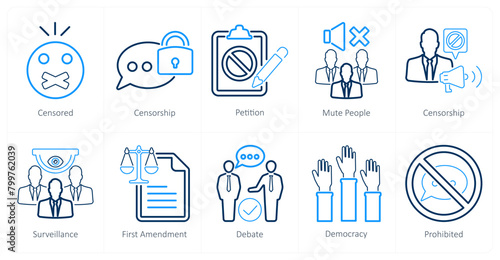 A set of 10 freedom of speech icons as censored, censorship, petition photo