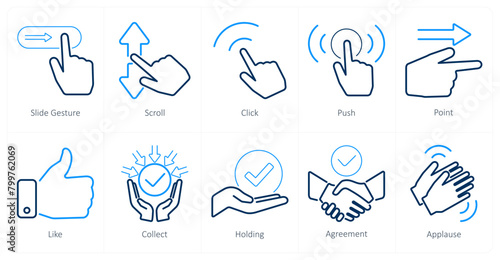 A set of 10 hands icons as slide gesture, scroll, click