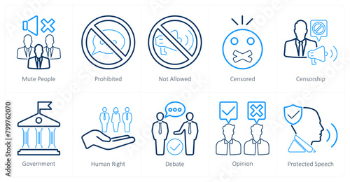 A set of 10 freedom of speech icons as mute people, prohibited, not allowed