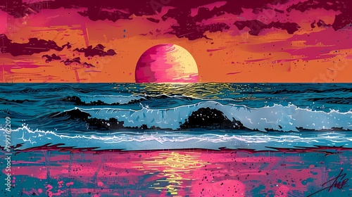 waves at the beach and sunrise illustration poster background photo