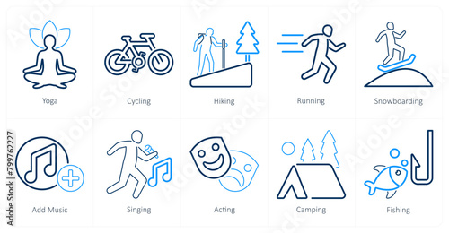 A set of 10 hobby icons as yoga, cycling, hiking