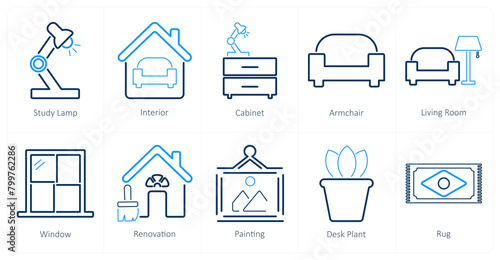 A set of 10 home interior icons as study lamp, interior, cabinet