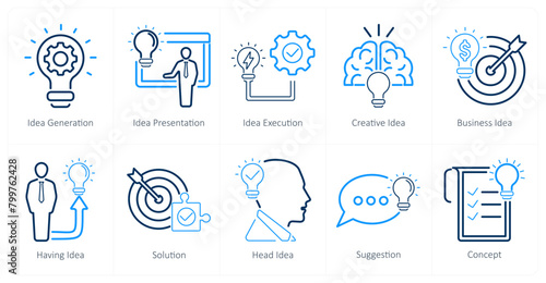 A set of 10 idea icons as idea generation, idea presentation, idea execution