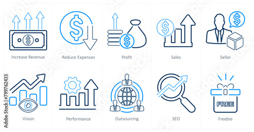 A set of 10 increase sale icons as increase revenue, reduce expenses, profit