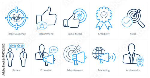 A set of 10 influencer icons as target audience, recommend, social media