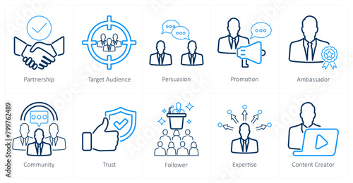 A set of 10 influencer icons as partnership, target audience, persuasion