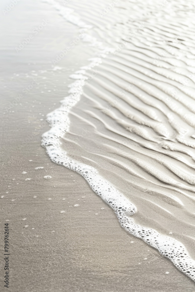 A minimalist beach scene featuring the linear patterns of receding tide lines in the sand, with their smooth curves and subtle variations in tone creating a serene and harmonious composition