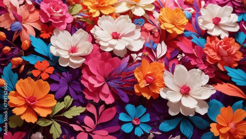 various paper flowers of different colors on a blue background