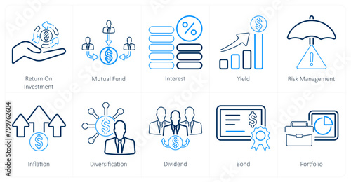 A set of 10 investment icons as return on investment, mutual fund, interest