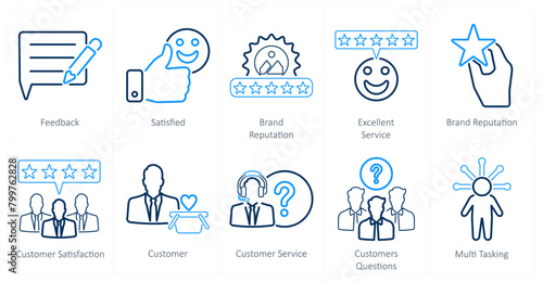 A set of 10 customer service icons as  feedback, satisfied, brand reputation, excellent service