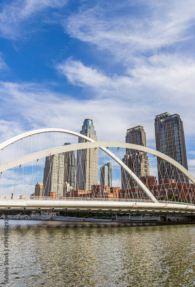 Naklejka premium Modern Dagu bridge in front of the Jiefang Bridge Wharf in Tianjin, China