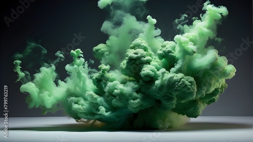 An explosion of green smoke, thick and billowing, rising upward against a transparent background. The smoke is dense, with varying shades of green swirling and mixing together, creating a captivating 