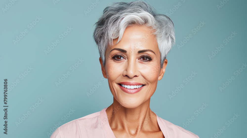 Elegant, smiling elderly, chic latino, Spain woman with gray hair and perfect skin, green background banner.