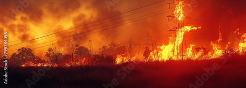 Close to the electricity transmission tower line, a bushfire is raging. photo