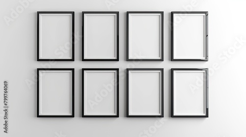 Sophisticated Arrangement  Nine Photorealistic Black Picture Frames on White Wall