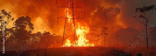 Close to the electricity transmission tower line, a bushfire is raging. photo