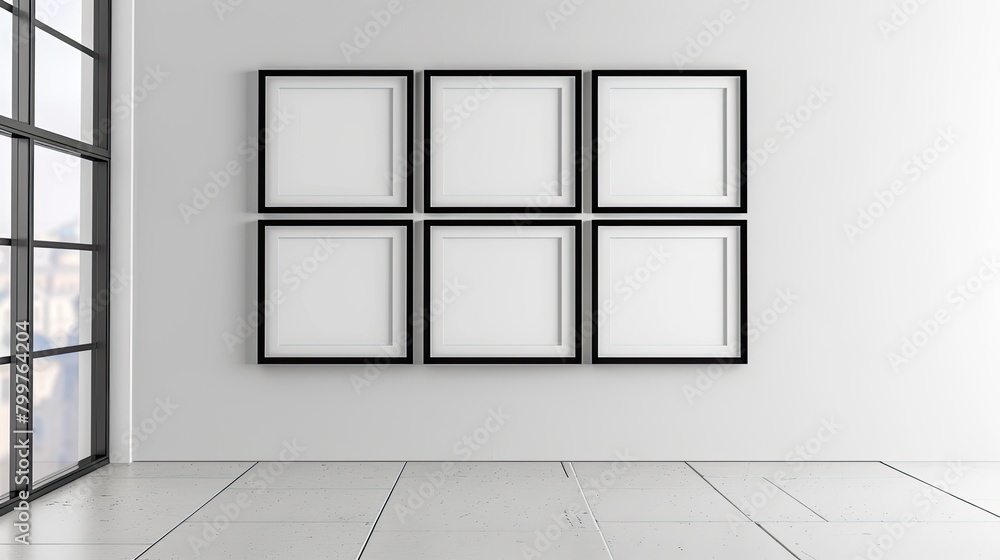 Sophisticated Arrangement: Nine Photorealistic Black Picture Frames on White Wall Sophisticated Arrangement: Nine Photorealistic Black Picture Frames on White Wall