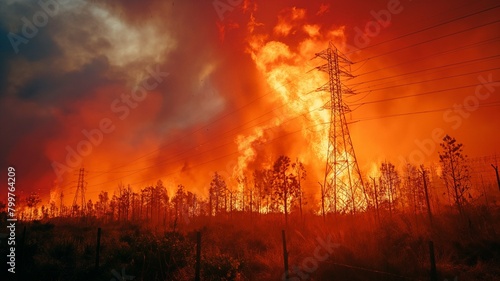 Close to the electricity transmission tower line, a bushfire is raging.