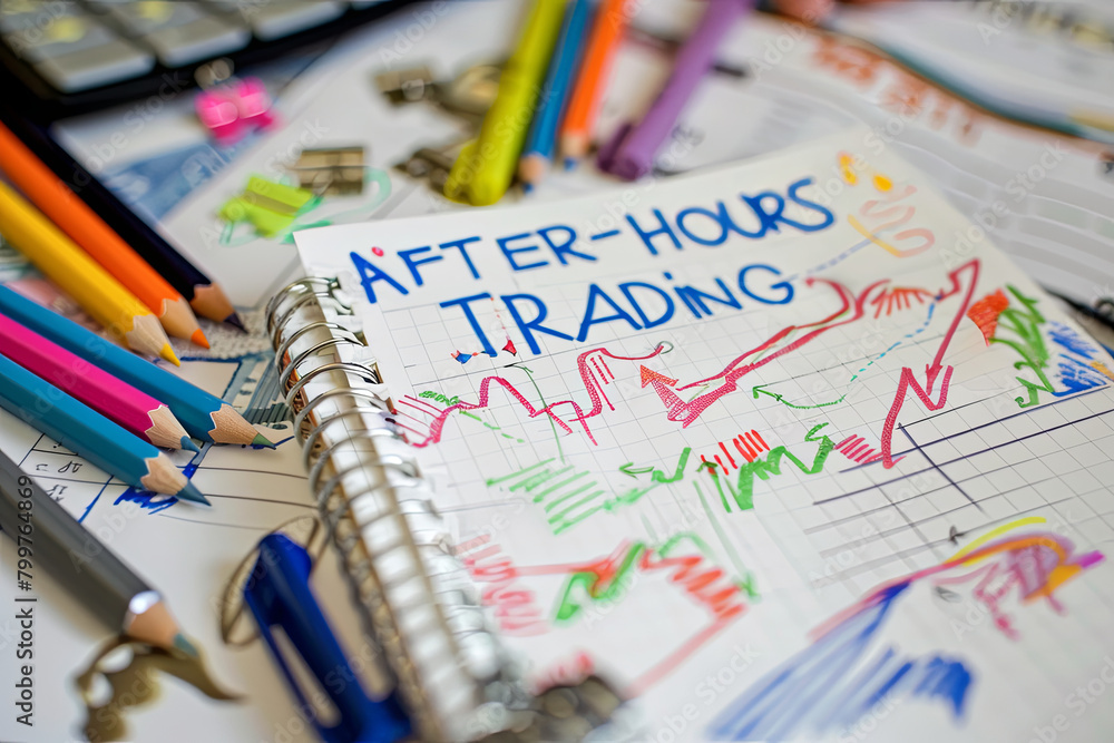 Notebook with Tools and Notes with text after-hours trading, with writing Notebook with Tools and Notes with text after-hours trading, with writing