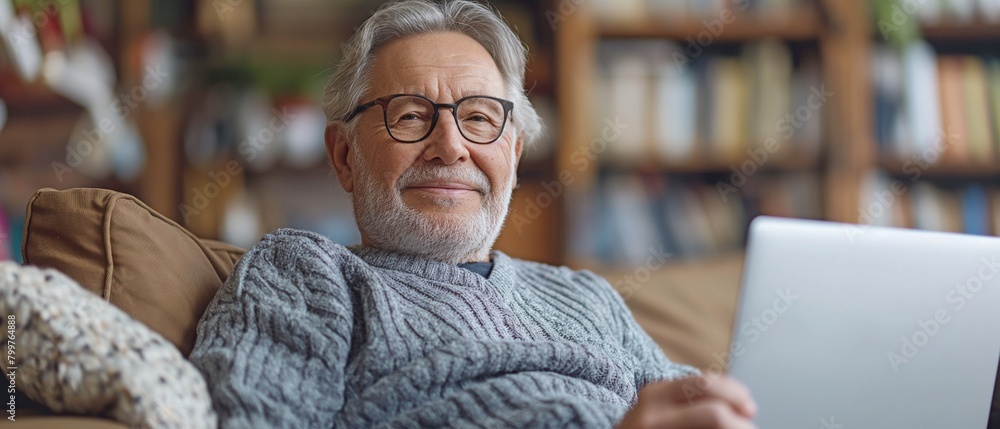 Obraz premium Older man grinning at the camera while using a laptop while seated on a sofa. a sombre older man with spectacles, a grey sweatshirt, and a laptop