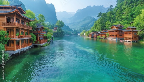A beautiful landscape of a river flowing through a valley with green mountains and traditional chinese wooden houses on the banks