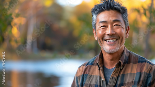 A smiling Asian man of 50 years old on the background of a lake in autumn. the man radiates happiness and optimism. photo