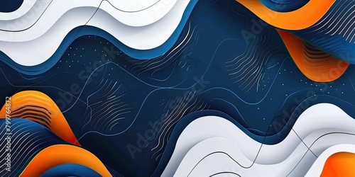 Minimal geometric background. Dynamic blue shapes composition with orange lines