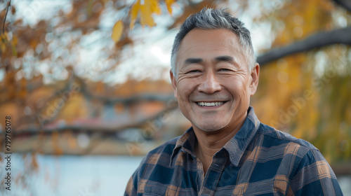 A smiling Asian man of 50 years old on the background of a lake in autumn. the man radiates happiness and optimism.