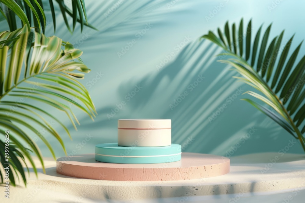 Fototapeta premium Tropical Beach Display with 3D Podiums and Palm Shadows for Product Showcase