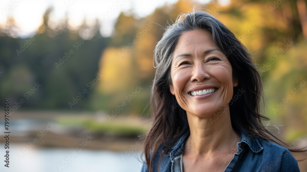 A pretty Asian woman over 50 on a walk in the park or in the forest against the background of a lake in autumn. An optimistic and positive woman aged in nature. A pretty Asian woman over 50 on a walk in the park or in the forest against the background of a lake in autumn. An optimistic and positive woman aged in nature.