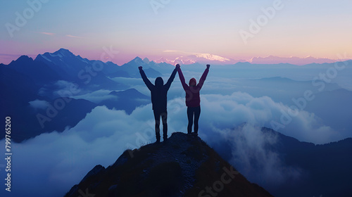 Three people on a mountain peak, arms raised in triumph, misty mountains backdrop