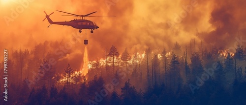 To put out a forest fire, a firefighting helicopter is equipped with a water bucket.