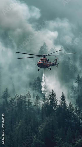 To put out a forest fire, a firefighting helicopter is equipped with a water bucket.