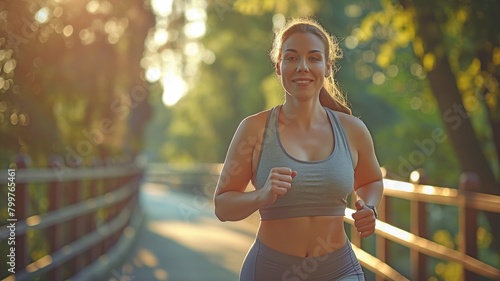 Excessively happy and smiling, a massive, plump, overweight and chubby young woman working out outside while wearing sports bra and exercise pants photo