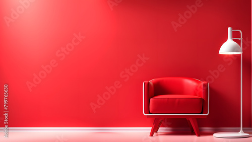 A red chair sits in front of a red wall
