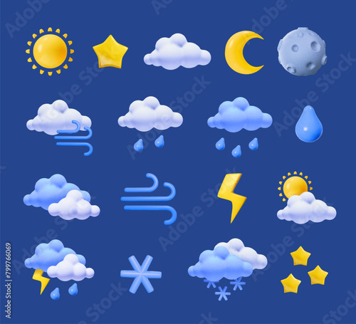 Weather cartoon 3d plasticine icons. Clouds, thunder, wind. star, moon render style. Fluffy bubbles clouds, wind and rain symbol, raindrops. Vector isolated set