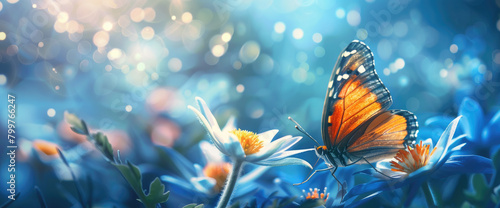 A delicate butterfly perched on the center of an oversized white flower, with vibrant blue and yellow hues in the background, creating a dreamy atmosphere.  © Kien