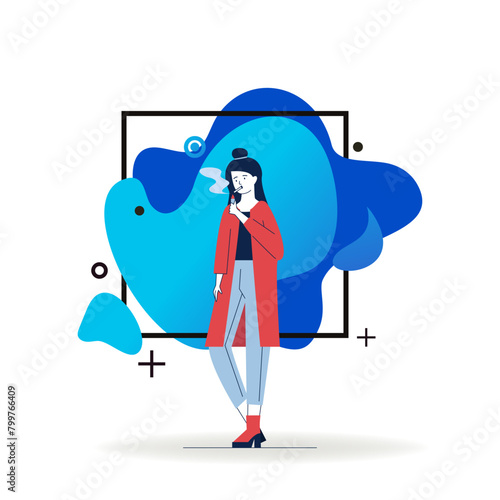 Female smoker lighting cigarette. Smoking young woman flat vector illustration. Addiction, problem, unhealthy lifestyle concept for banner, website design or landing web page