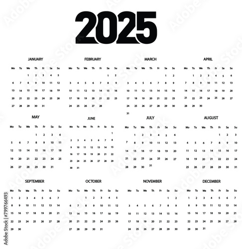 Annual calendar template for 2025 year. 