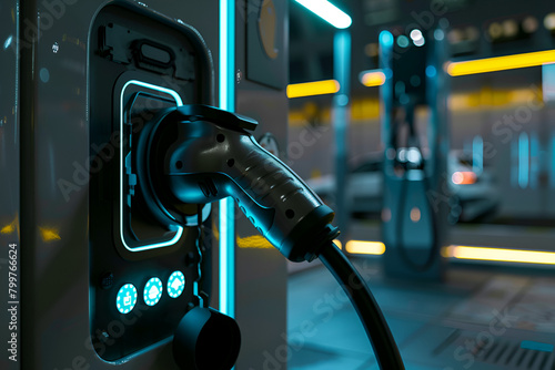 Modern EV charging station with neon lights, symbolizing futuristic, eco-friendly energy