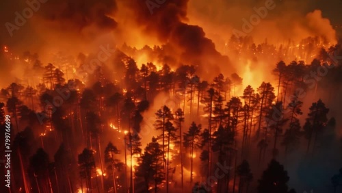 The fire burning in the forest spread in a wide area photo