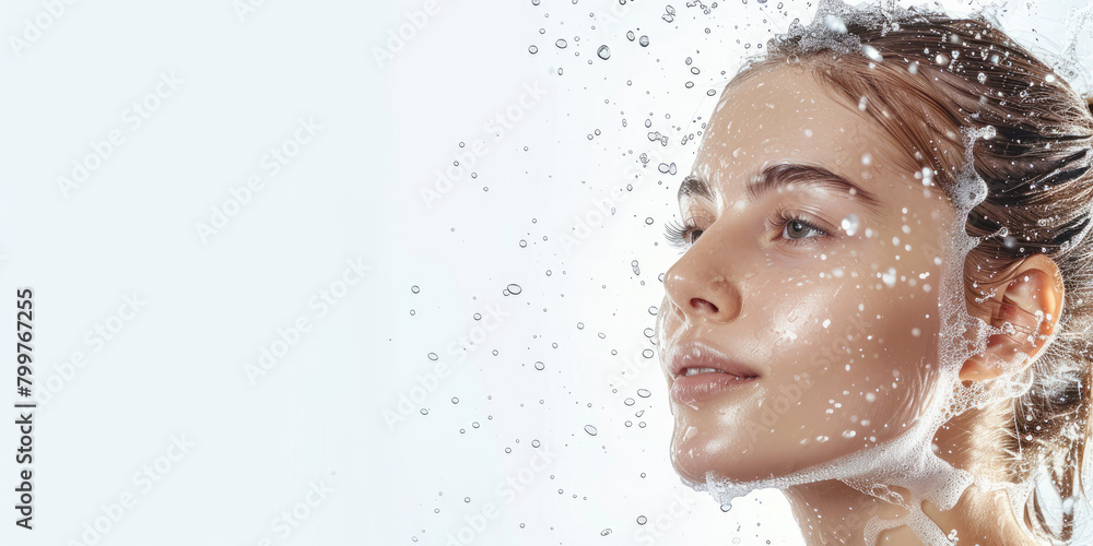 beautiful woman with clean fresh skin washing her face, water drops on a white background, beauty concept, spa and wellness banner, copy space for text.