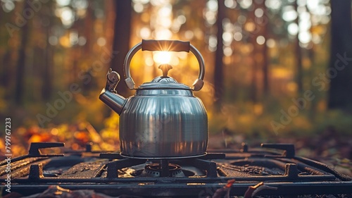 With trees in the background, a stainless steel kettle sits on a gas stove in a forest park.