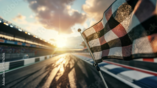 The checkered flag waves on the racing circuit, capturing the high-speed spirit and competition of motorsport