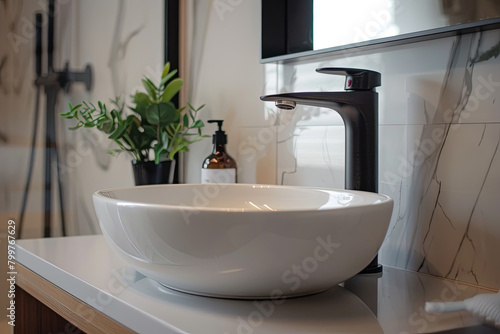Modern minimalist bathroom interior, modern bathroom cabinet, white sink
