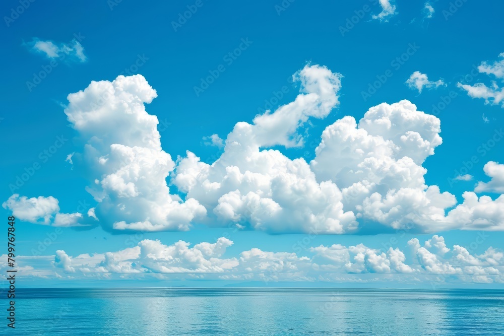 Clouds drift lazily in a sky above a tranquil sea, creating a perfect canvas for daydreams, bright water color