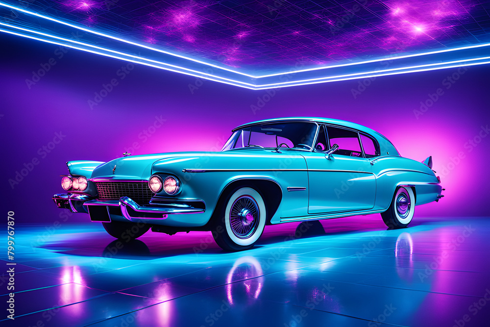 3d illustration retro Car and background neon retro wave 80s style, City Night colorful vibrant	