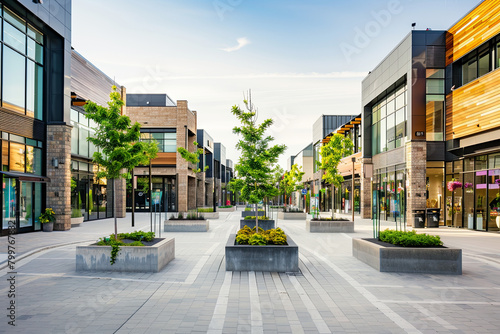 Photo of the mall shopping street in North America. Exterior of a new shopping centre building. Mall complex outdoor

